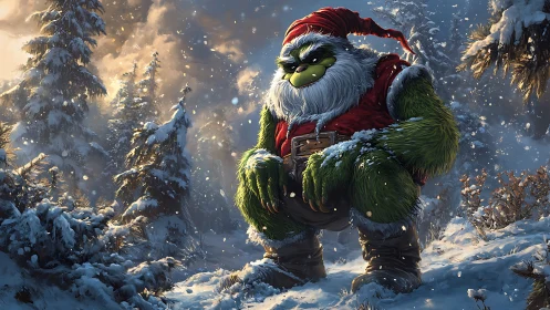 Green furry Christmas brute stalks snowy forest clearing