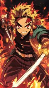 Blazing young warrior charging through a river of fire.