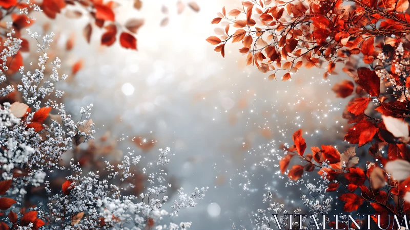 Crimson autumn foliage framing ethereal sparkling bokeh field.
