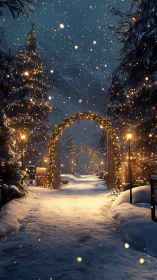 Snow-covered pathway with illuminated arches and trees at night.