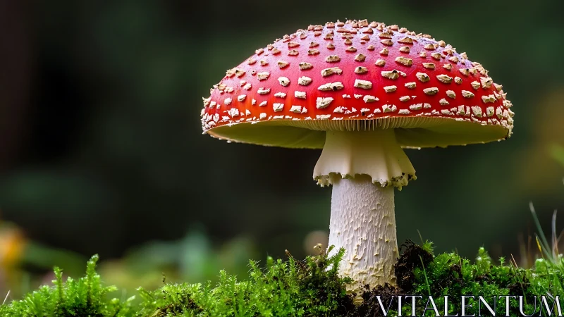 Single fly agaric mushroom stands in sharp forest focus