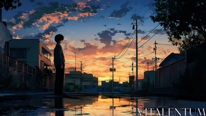 Solitary boy contemplates a vivid twilight city street.