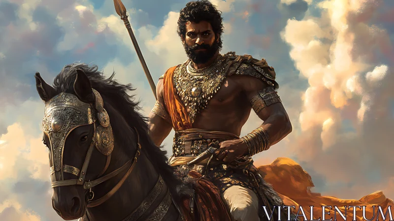 Warrior on armored horse rides forward under bright clouds