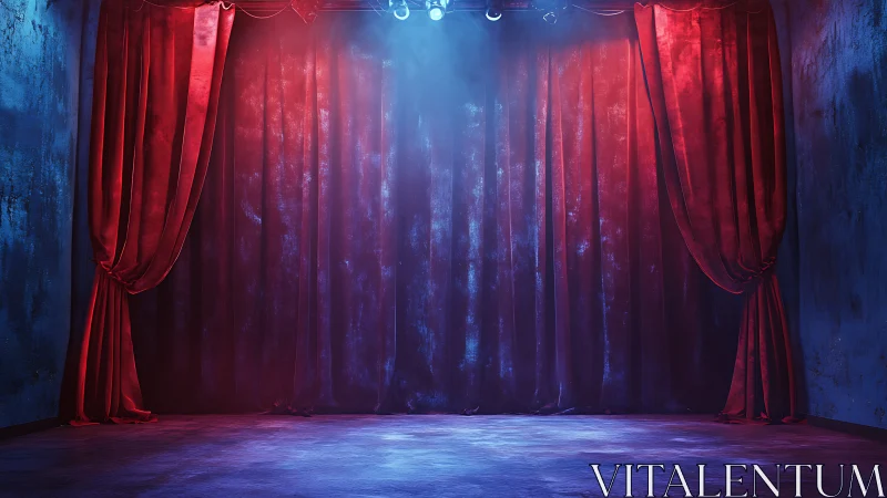 Red theater curtains under blue stage spotlight glow.
