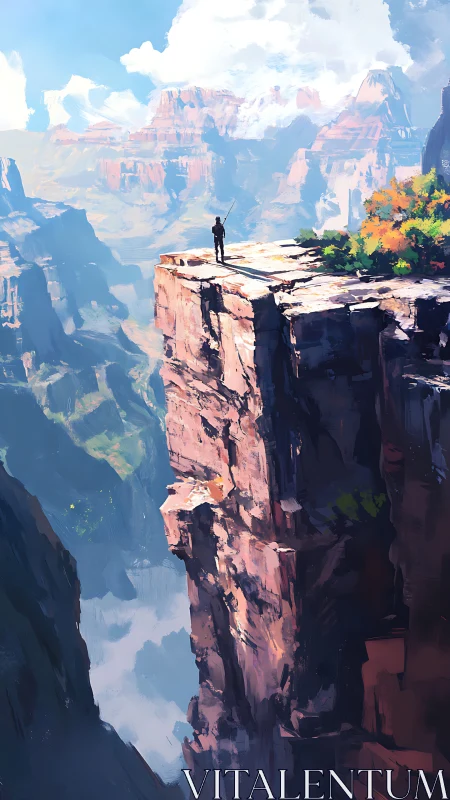 Lone hiker atop sunlit canyon cliff in vast vista.