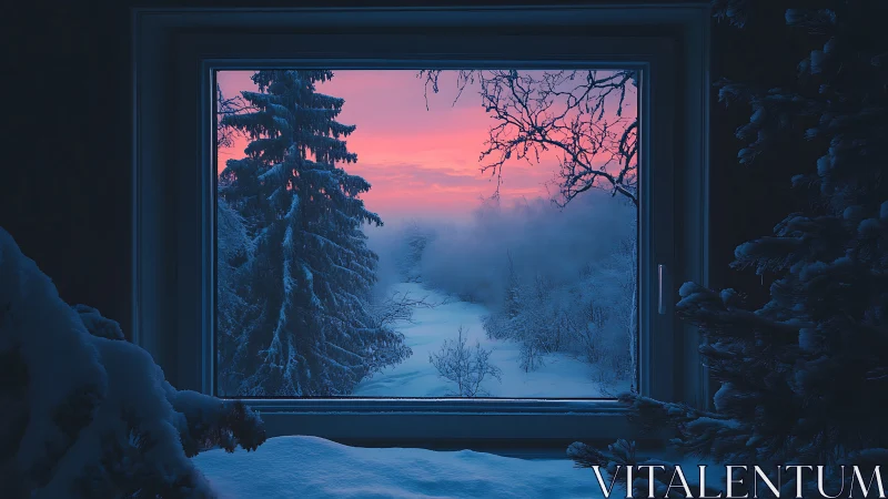 Snowy forest window view under vivid winter sunrise.