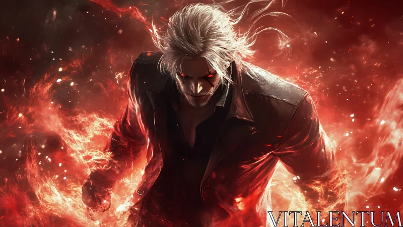 White-haired male figure amid red fiery energy field.