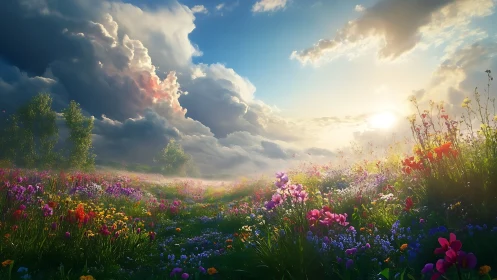 Sunlit wildflower meadow opens beneath dramatic storm clouds