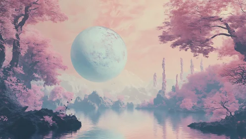 Surreal pastel landscape with floating pale blue sphere.