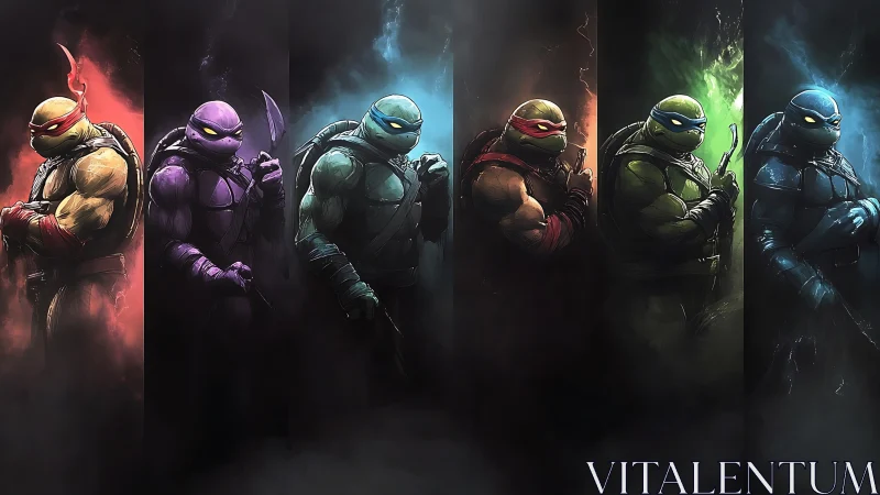 Four masked turtle warriors in segmented colored panels.