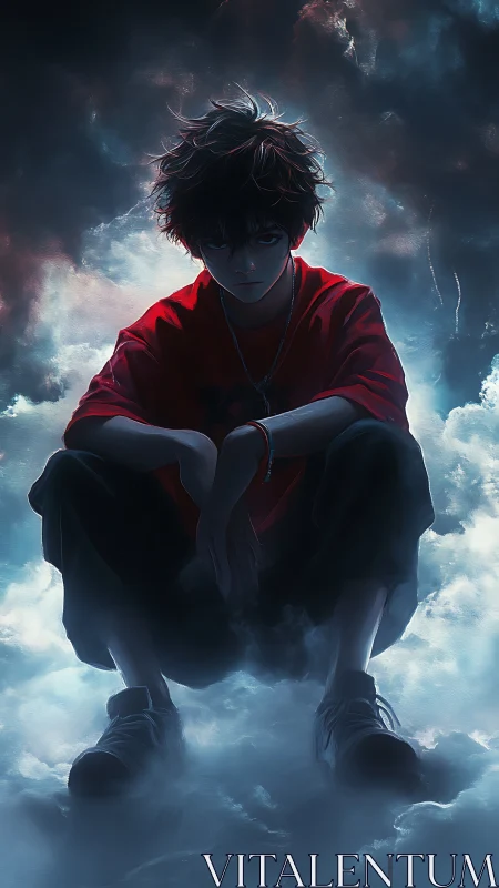 Stormlit boy rests in moody clouds with quiet, intense focus