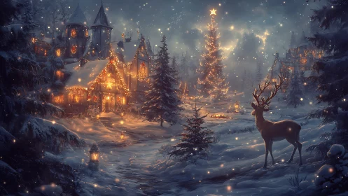 Digital painting of a luminous winter village with reindeer focus.