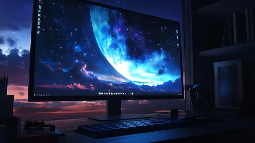 Ultra-wide desktop monitor shows cosmic sky wallpaper