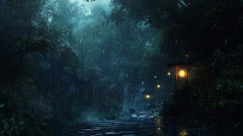 Rain-soaked cyberpunk alley. Neon lanterns pierce dark storm.