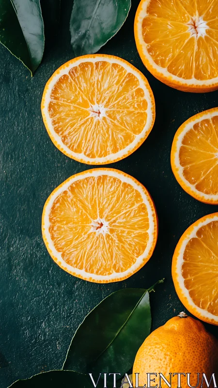 Vibrant orange slices aligned with leaves on dark slate surface.