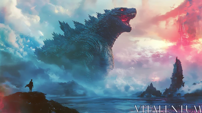 Colossal kaiju roars above misty sea and lone figure.