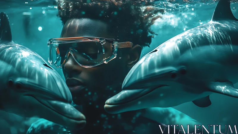 Diver meets dolphins in a serene, cinematic underwater embrace