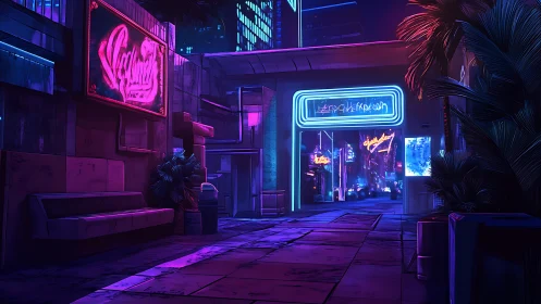 Neon alleyway glows with cyberpunk nightlife energy.