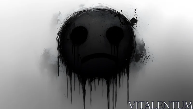 Minimalist grayscale sad face with dripping ink treatment.