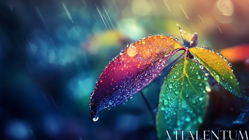 Multicolored leaves hold raindrops under shallow focus