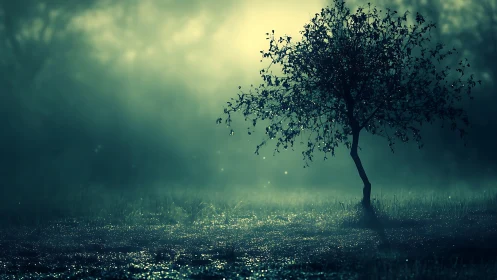 Gentle lone tree glowing softly in a misty green dawn.