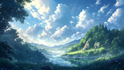 Sunlit river valley under expansive sculpted cloud sky.