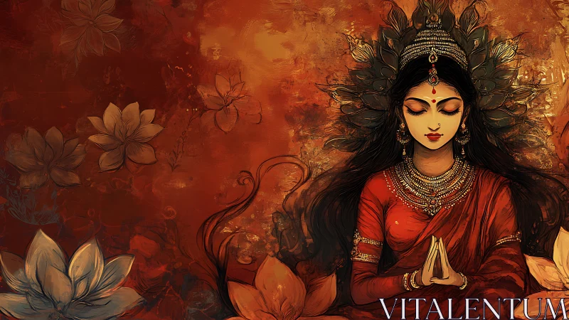 Seated female figure in red sari meditates amid floral motifs