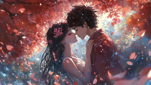 Romantic couple embracing under luminous autumn foliage.