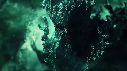 Shadowy humanoid entity in green mist with jagged form.