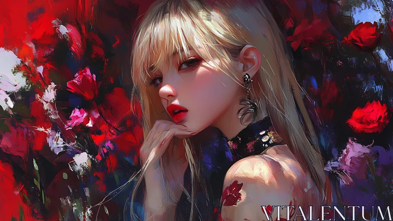 Blonde woman rendered in digital painting amid high-saturation florals