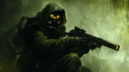 Hooded sniper crouches in toxic green mist with glowing goggles