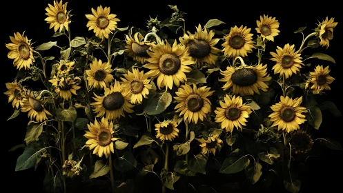 Dense cluster of sunflowers with dark centers against black backdrop