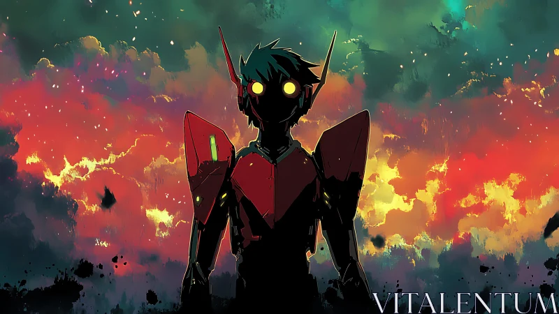 Neon sky sentinel standing bold against stormy color fields.