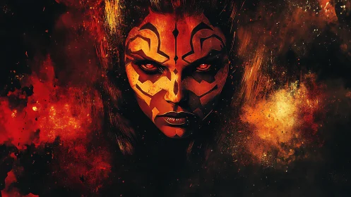 Symmetrical red-lit demon visage emerges from abstract fiery void