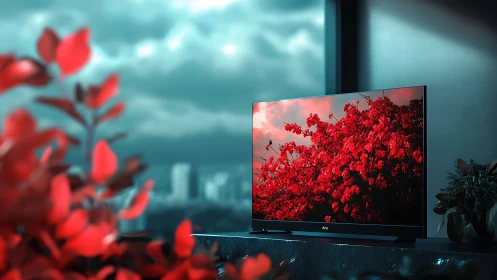 Flat-screen television displaying red foliage indoors.