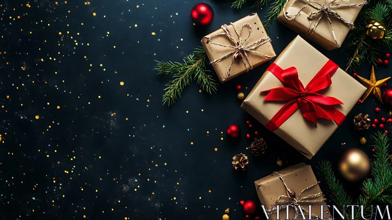 Holiday gift boxes with red ribbon against starry black background.