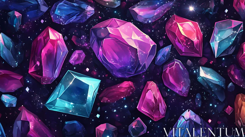 Nebula-lit crystal field with faceted magenta and cyan gems.