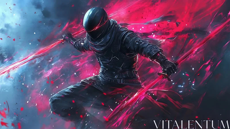 Crimson void ninja cleaves stormlight with twin energy blades.