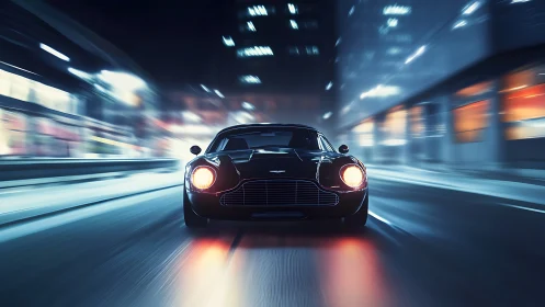 Midnight city drive with a sleek classic sports car.