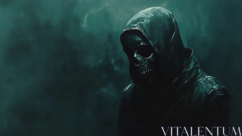 Hooded skeletal figure in dark teal atmospheric setting.