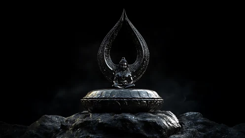 Dark metallic deity sculpture on lotus pedestal in void.
