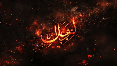 Arabic calligraphy text glows in fiery orange sparks