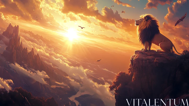 Majestic lion welcomes the sunrise from a glowing cliffside