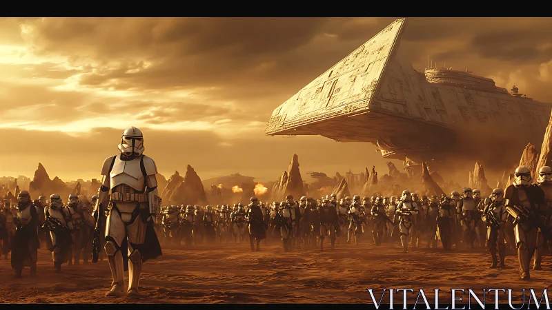 Armored infantry advance under looming star destroyer at dusk