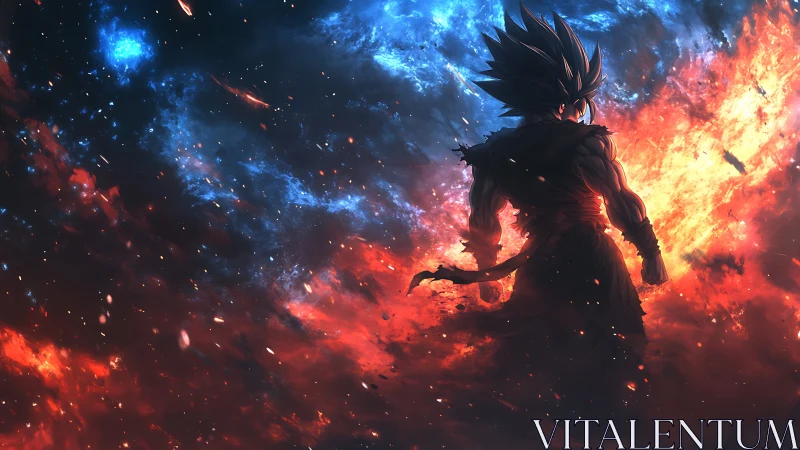 Silhouetted warrior amid contrasting blue and red energy fields.