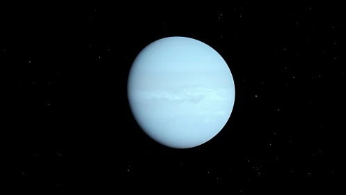 Icy blue gas planet floats serenely against starry space.