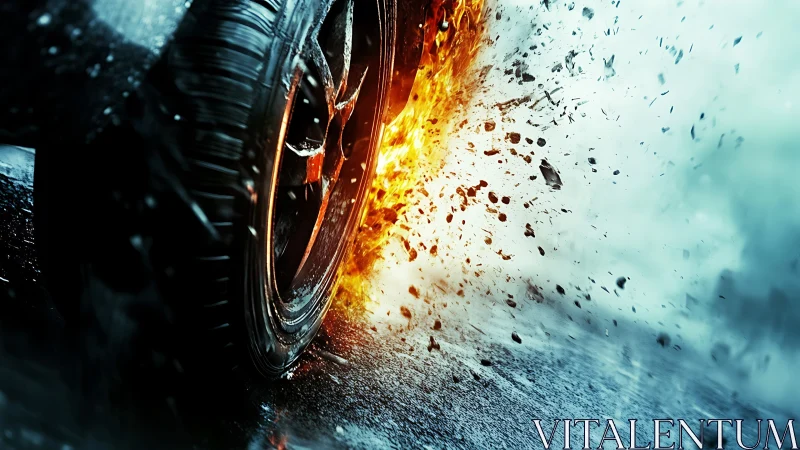 Flaming street racer tire shredding sparks through storm.