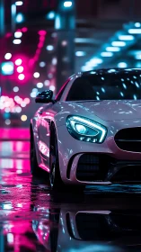 Cyberpunk coupe in neon drenched tunnel, low-angle framing.