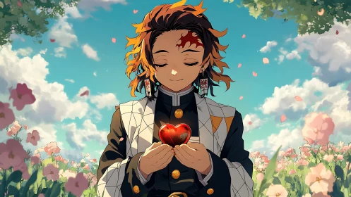 Anime swordsman holds glowing red heart in flower field