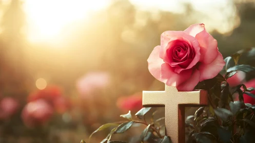 Pink rose and gold cross in warm sunset memorial scene.